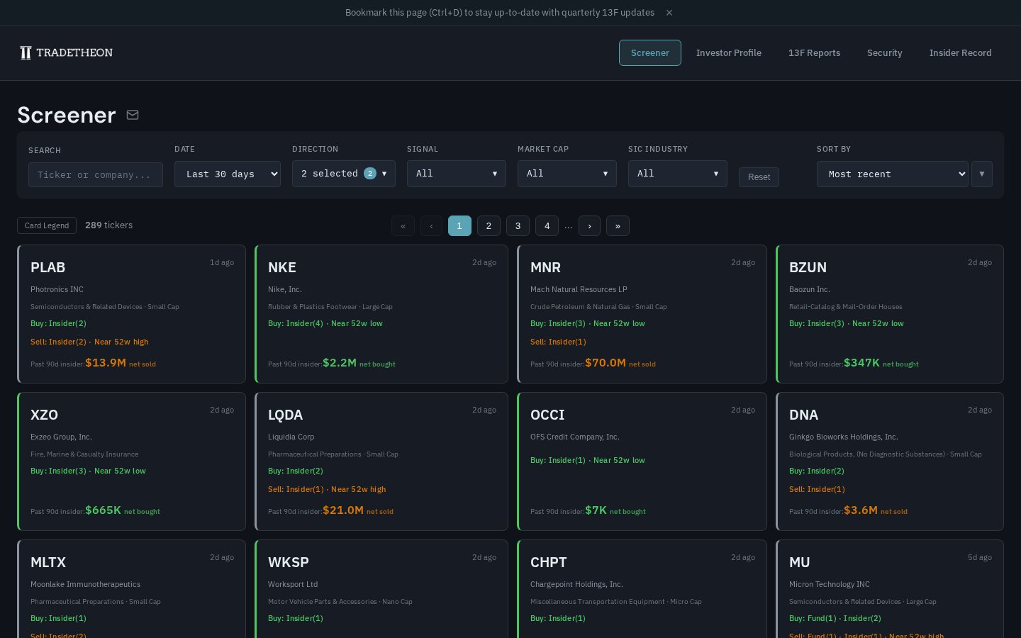Screener showing signal filters and ticker cards