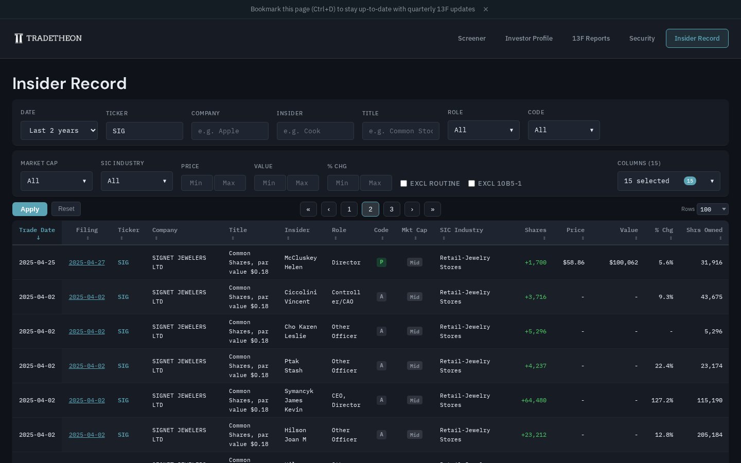 Insider Record page showing transaction table with filters