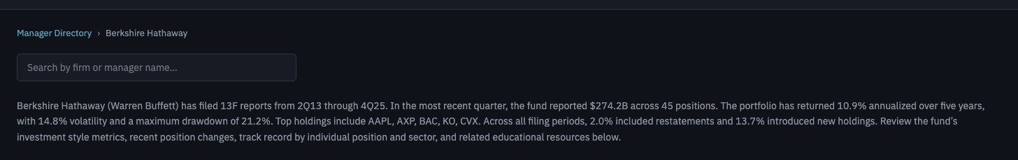 Manager profile summary paragraph for Berkshire Hathaway showing restatement rate (2.0%) and new holdings rate (13.7%)