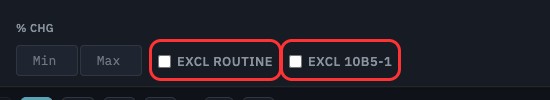 Insider Record page showing EXCL ROUTINE and EXCL 10B5-1 filter checkboxes alongside other search filters
