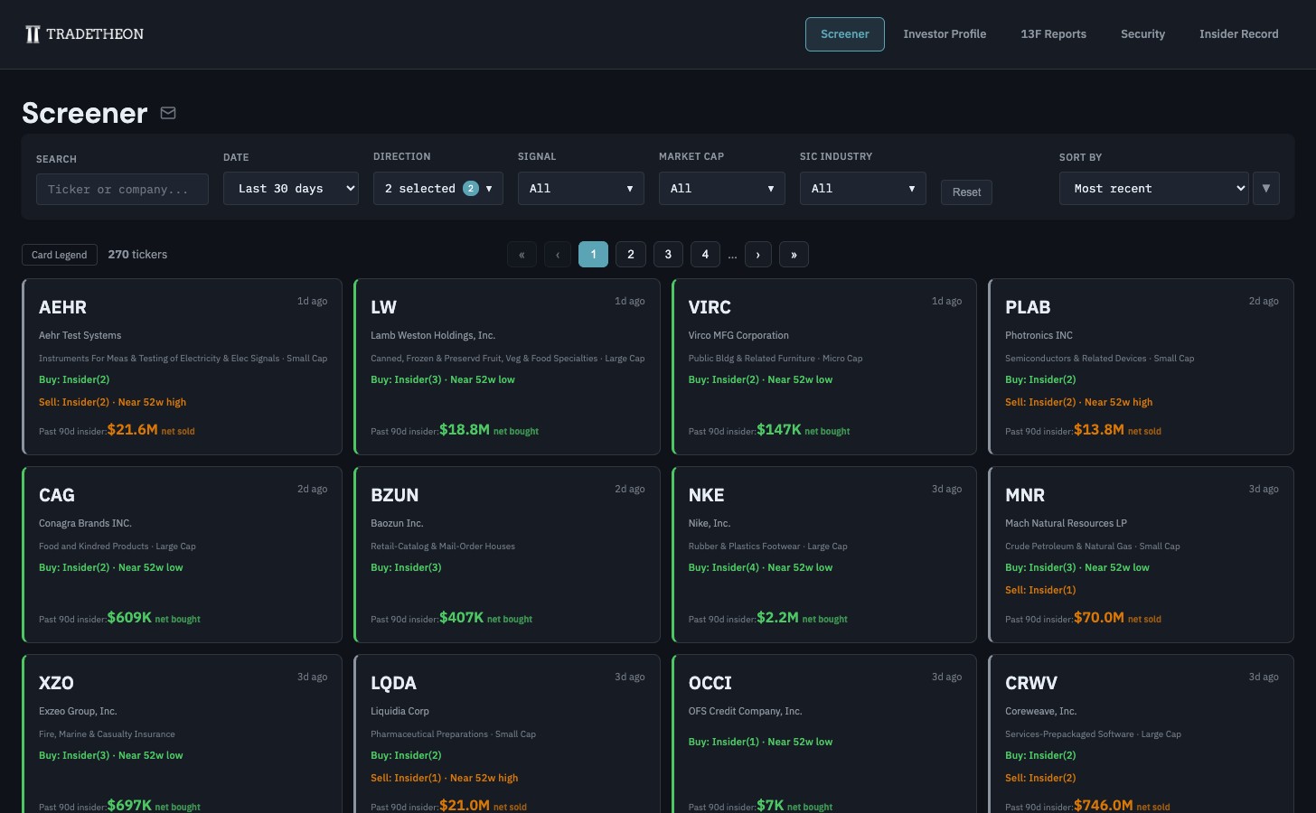 Screener showing ticker cards with Buy and Sell insider signals, transaction counts, and 90-day net amounts